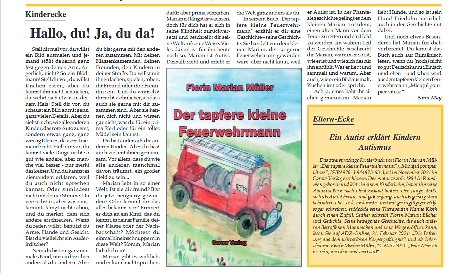 Zeitungsartikel aus der Allgemeinen Deutschen Zeitung Rumänoen vom 11 März 2022 mit Buchcover vom Kleinen Feuerwehrmann