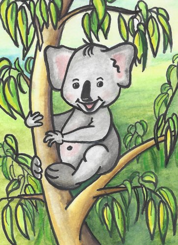Zeichnung vom lachenden Koala Euko in einem Eukalyptusbaum