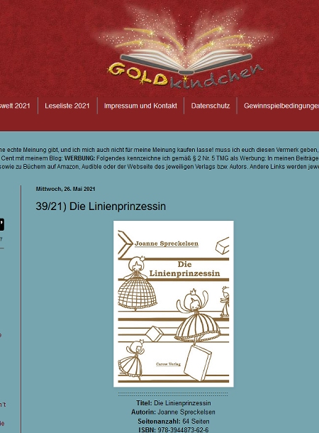 Screenshot vom Blog Goldkindchen mit Rezension des Buches Die Linienprinzessin