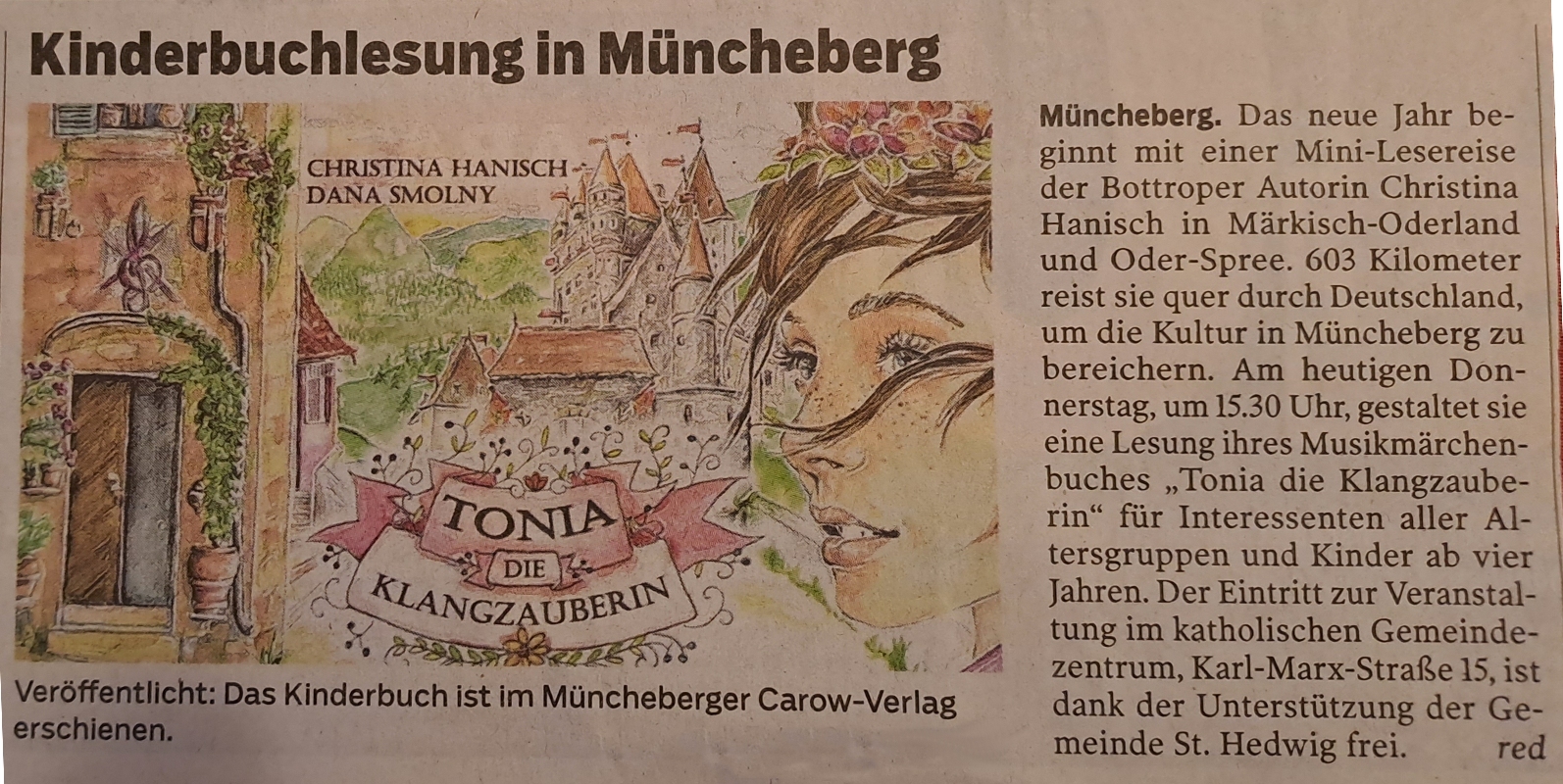 Lesungsankündigung Tonia die Klangzauberin in Müncheberg in der MOZ