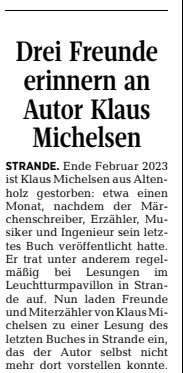 Buchvorstellung Klaus Michelsen in den Kieler Nachrichten